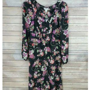 NWT LOFT Women's Dress Size 10 Black White Purple Green Floral Long Sleeve